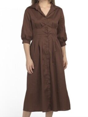 civico 51 maxi dress New CIVICO 51 Made in Italy Maxi Women Dress Brown Beige Front Button Sleeves L